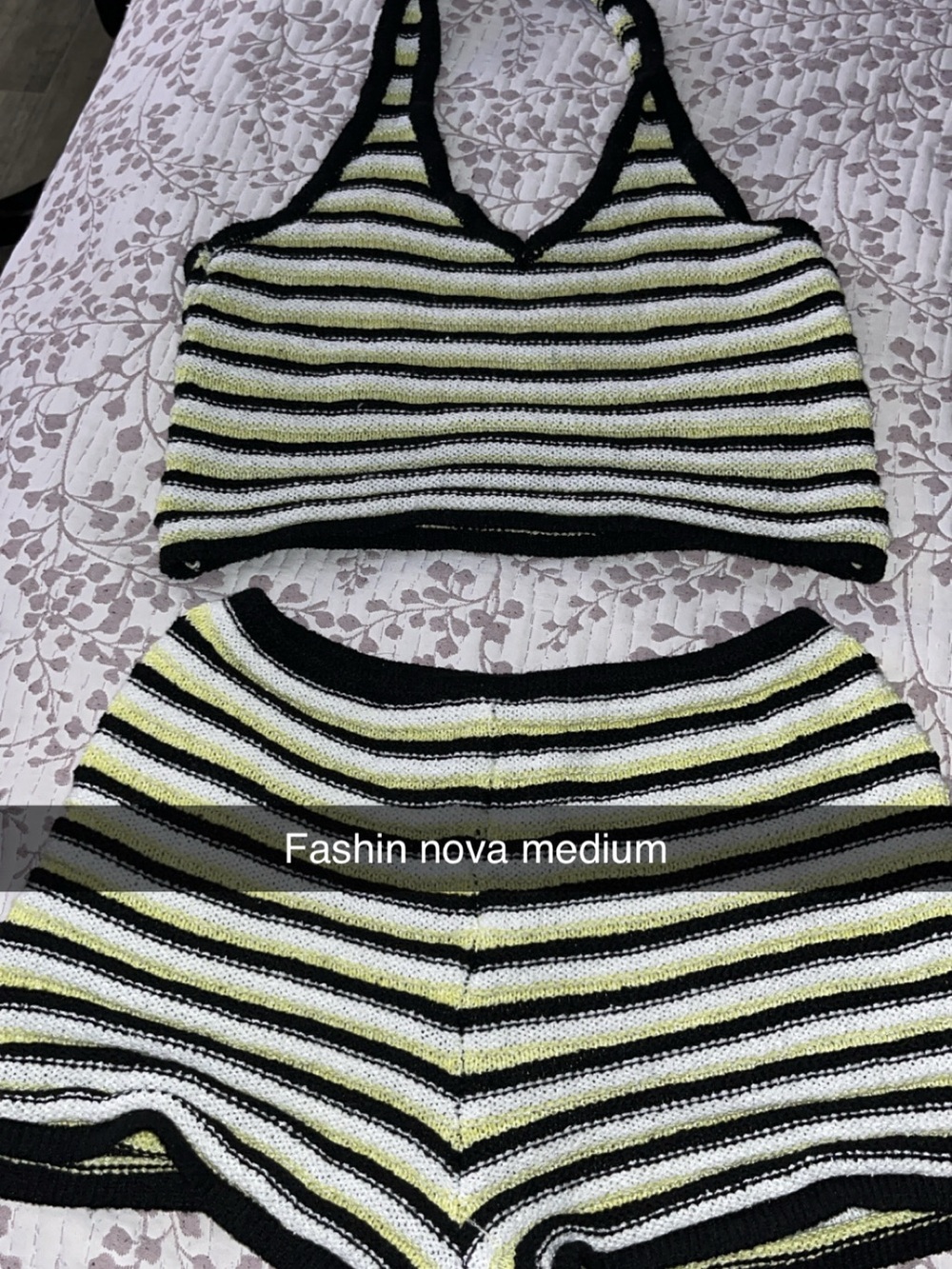 Fashion Nova Black, White & Yellow Striped Knit Bralette and Shorts Set